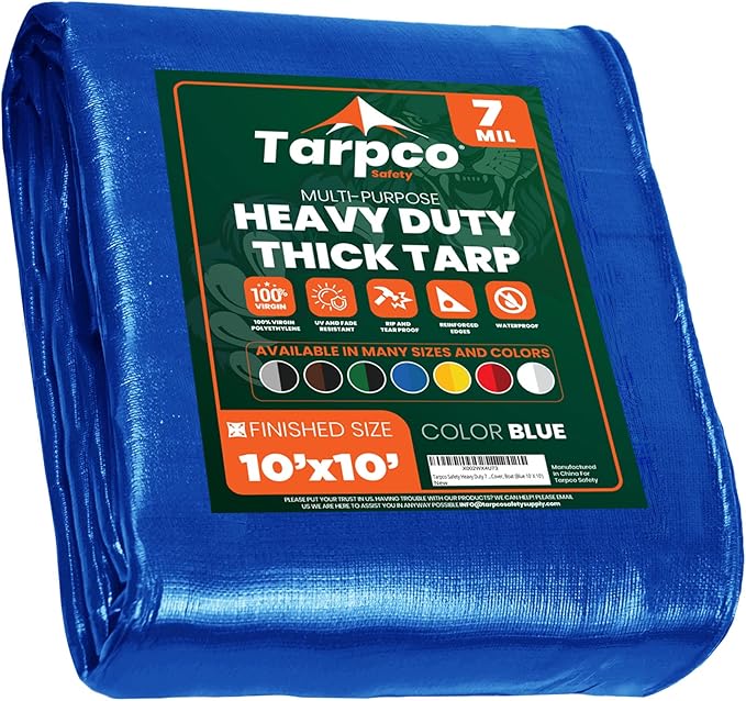 Tarpco Safety Heavy Duty 7 Mil Tarp Cover, Waterproof, UV Resistant, Rip and Tear Proof, Poly Tarpaulin with Reinforced Edges for Roof, Camping, Patio, Pool Cover, Boat (Blue 10′ X 10′)