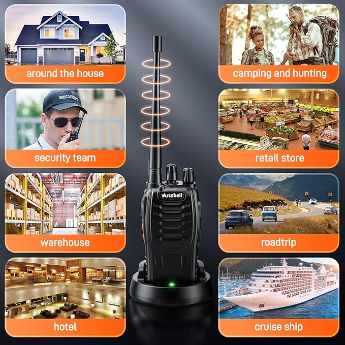 Rechargeable Long Range Two-Way Radios with Earpiece 4 Pack Arcshell AR-5 Walkie Talkies Li-ion Battery and Charger Included