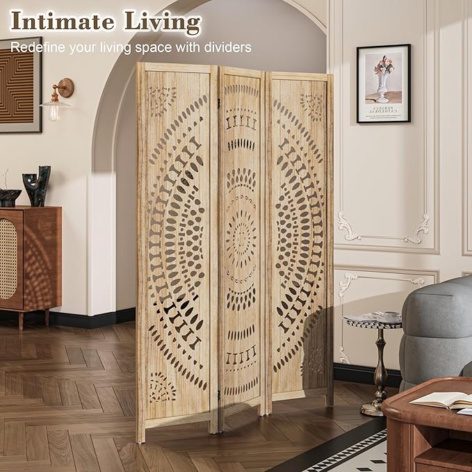 WelFurGeer Handcrafted Carved Wooden Room Divider Screen, Folding Privacy Screen for Room Separation, Decorative Room Dividers, 360° Adjustable Folding Panels for Privacy, Home, Office & Patio