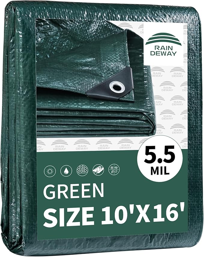 RAINDEWAY Tarps 10x16 Feet,Tarp Waterproof,5.5 Mil Thick, Multipurpose Waterproof Poly Tarp Cover with Metal Grommets and Reinforced Edges,Green Tarps