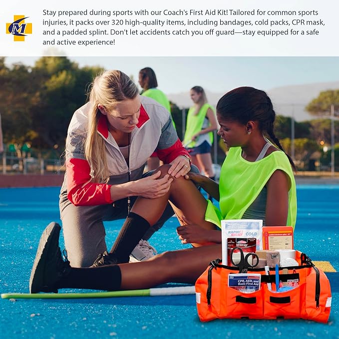 MFASCO Sports First Aid Kit Bag – 326-Piece Athletic Medical Kit in Orange EMT Bag, Coach's First Aid Kit for Youth Sports, Soccer, Football, Emergency Sports Kit Supplies for Athlete Sports Injuries