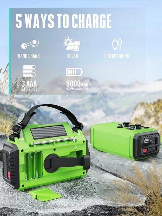 Emergency Radio, 5000 Hand Crank Solar NOAA Weather Radio, AM/FM Portable Battery Operated Radio with 5-Way Power, Phone Charger, Flashlight & Lamp, Compass, Earbud Jack, SOS Alert for Home, Survival