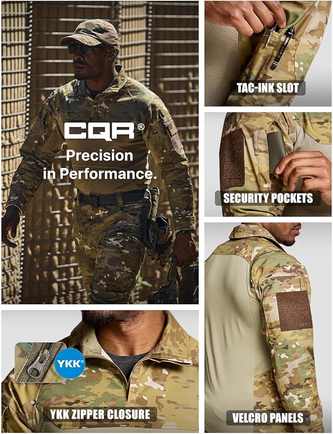 CQR Men's Combat Shirt Tactical 1/4 Zip Long Sleeve Military BDU Shirts Camo EDC Top with Pockets