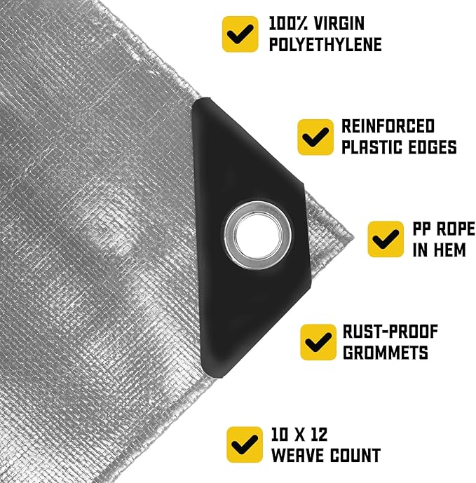 Core Tarps Classic 5 Mil Tarp Cover, Waterproof, UV Resistant, Rip and Tear Proof, Poly Tarpaulin with Reinforced Edges for Roof, Camping, Patio, Pool Cover, Boat (Silver/Black 12′ X 20′)