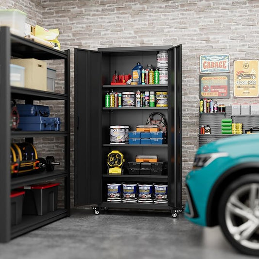 73" H×31.57" W×15.71" D Garage Storage Cabinet with Wheels, Metal Storage Cabinet with 4 Adjustable Shelves and Lockable Doors for Garage Home Office Utility Room,Required Assembly,Black