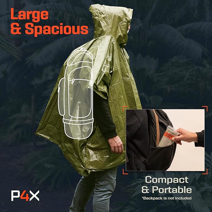 PREPARED4X Emergency Poncho and Mylar Blanket Liner - Waterproof, Wind-Resistant Outdoor Rain Poncho for Camping, Emergencies