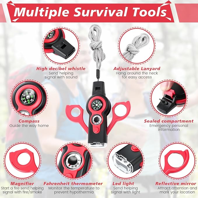 12 Pack Emergency Survival Whistle 7-in-1 Compass Hiking Survival Safety Whistle with Lanyard Outdoor Multifunctional Tool Ideal for Hiking Camping Rescue Signaling