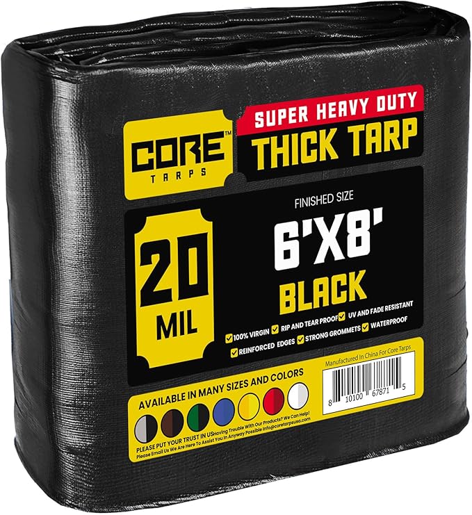 Core Tarps Extreme Heavy Duty 20 Mil Tarp Cover, Waterproof, UV Resistant, Rip and Tear Proof, Poly Tarpaulin with Reinforced Edges for Roof, Camping, Patio, Pool, Boat (Black 6′ X 8′)