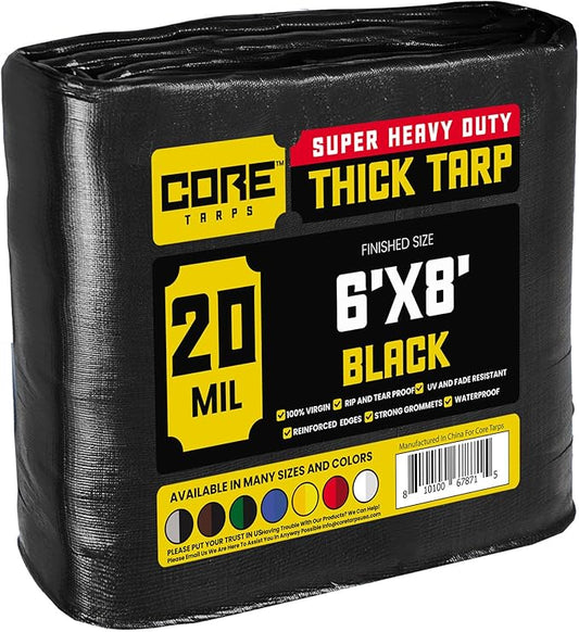 Core Tarps Extreme Heavy Duty 20 Mil Tarp Cover, Waterproof, UV Resistant, Rip and Tear Proof, Poly Tarpaulin with Reinforced Edges for Roof, Camping, Patio, Pool, Boat (Black 6′ X 8′)