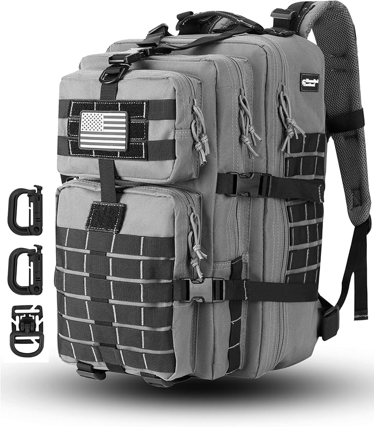 MOLLE Assault Backpack, Tactical Backpack Military Army Camping Rucksack, 3-Day Pack Trip w/USA Flag Patch, D-Rings Grey and Black