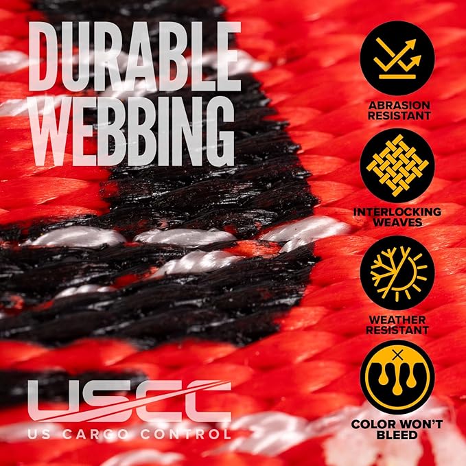 US Cargo Control Wire Hook Ratchet Strap 2 Inch x 12 Foot, 10,000 LBS Break Strength, Ratchet Straps Heavy Duty with Double J Hooks, Red Cargo Tie Downs for Flatbed Trailers and Trucks