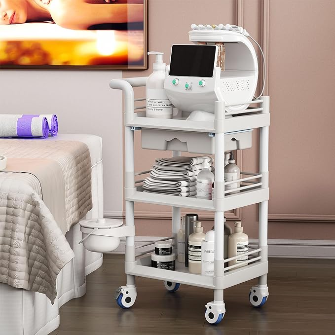 Mobile Medical Trolley 3 Tier Rolling Utility Cart with Dirt Bucket & Drawer, Beauty Salon Cart for Spa Tattoo Waxing, Esthetician Carts for Salon Hospital Dental Clinic Home, Postpartum Cart