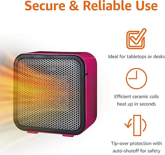 Amazon Basics Ceramic Space Heater, Mini Heater for Office Desk, Portable Tent Heater (Indoor Use), 500 W, With Tip-Over Protection, Lightweight (1.4 LBS), Pink, 5.9 x 3.2 x 6 inches
