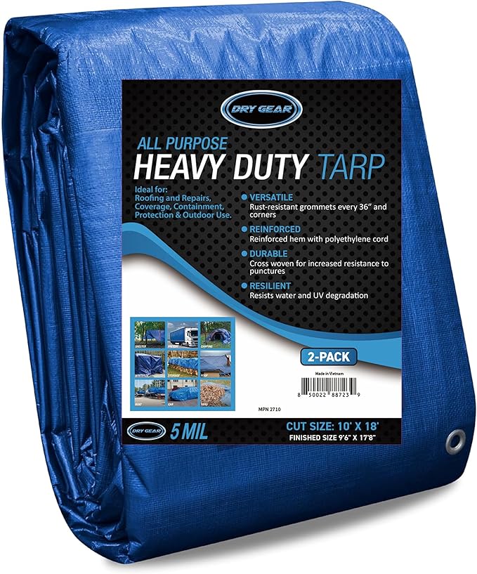 10x18 Blue Waterproof Tarp – Heavy Duty 5 MIL Thick Outdoor Tarpaulin Cover - Multi Purpose Protection for Camping, Tent, Roof, Patio, Pool, Floor, Furniture, Boat, Truck Beds, Pack of 2
