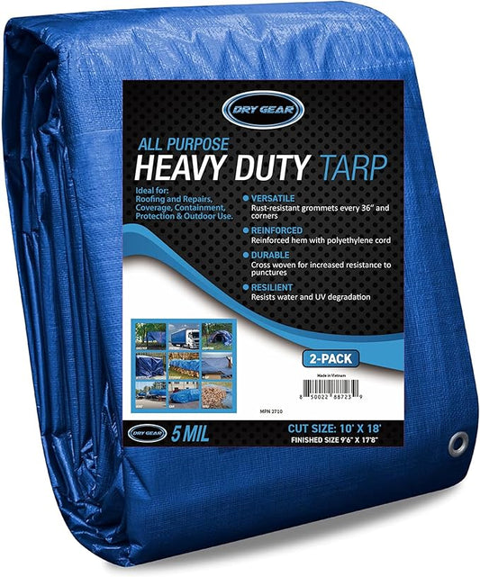 10x18 Blue Waterproof Tarp – Heavy Duty 5 MIL Thick Outdoor Tarpaulin Cover - Multi Purpose Protection for Camping, Tent, Roof, Patio, Pool, Floor, Furniture, Boat, Truck Beds, Pack of 2