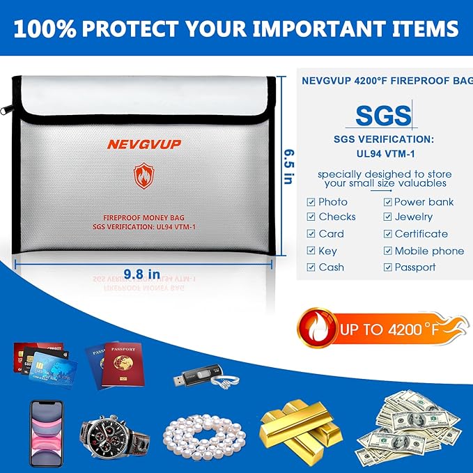 6200F Fireproof Bag with Lock, A5 Document & Cash Protection, 9 Layers Heat Insulated, Reflective Strip, 360 Fire Resistant, Water Resistant Zipper & Lock, PLUS 4200F Fire Bag for Cash