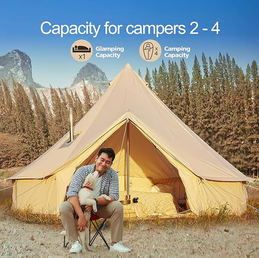 Cotton Canvas Bell Tent, Waterproof Large Tents with Sturdy Center & Door Pole and Space for 4/6/8 Person All 4 Season Camping Yurt Tent
