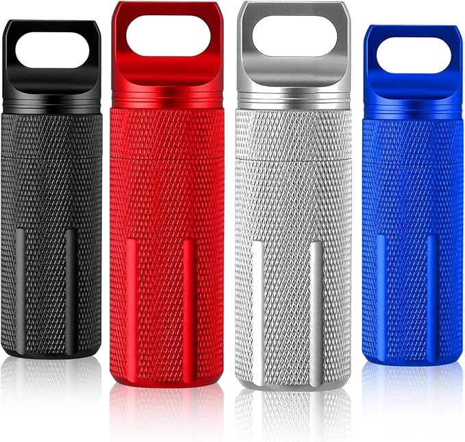 Patelai 4 Pcs Portable Keychain Pill Holder Pill Organizer Travel Waterproof Match Container Aluminum Airtight Keychain Container Travel Size Storage Supplements Holder for Outdoor Camping(Ordinary)
