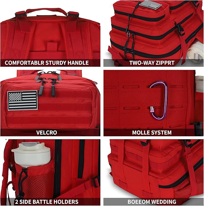 Sparklekle Military Tactical Backpack 45L 3 Day Assault Pack Waterproof Molle Hiking Rucksack for Men&Women (Red)
