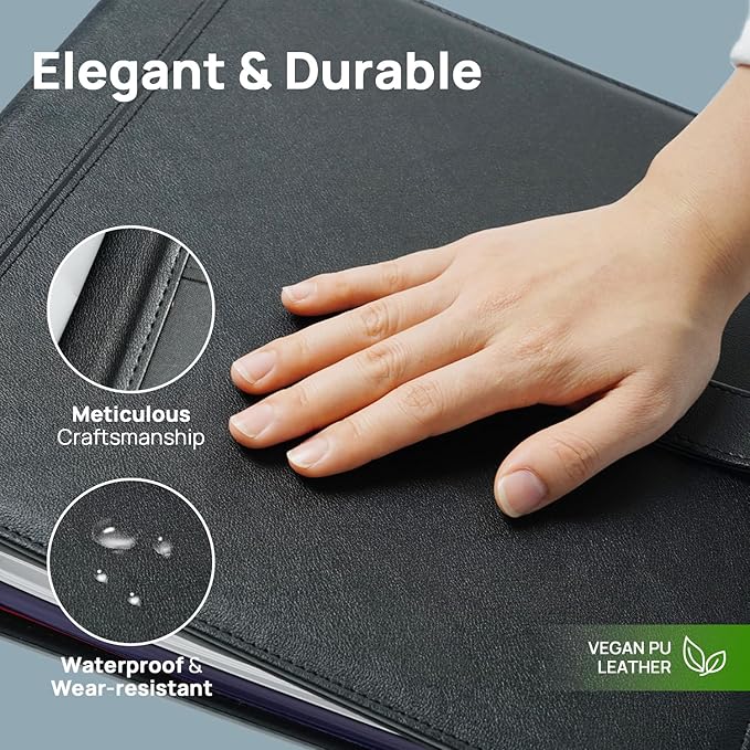 POPRUN PU Leather 1.5 Inch 3 Ring Binder, Professional Business Organizer- Includes PP Dividers, 100GSM / Grade AA Filler Papers, Card &Sticker for Tab- Ideal for Office Presentation Meetings, Black