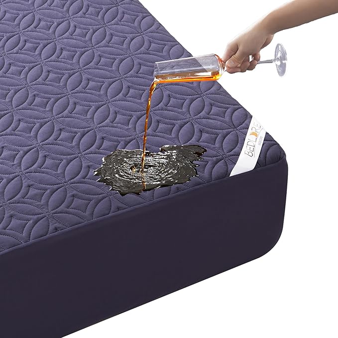 BEDLORE Waterproof Mattress Protector, Queen Size Mattress Pad with Deep Pocket 6"-18" Depth, Soft Dirt-Proof Double Bed Mattress Cover for Bedroom, College Dorm, Hotel (Navy Blue)