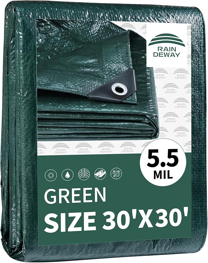 RAINDEWAY Tarps 30x30 Feet,Large Tarp Waterproof,5.5 Mil Thick, Multipurpose Waterproof Poly Tarp Cover with Metal Grommets and Reinforced Edges,Green Tarps
