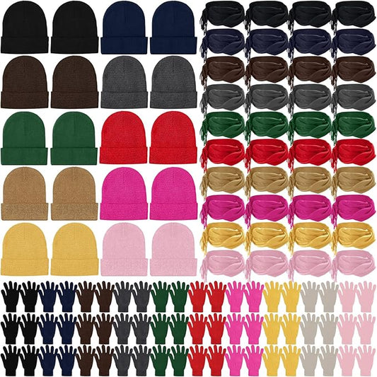 Unittype 300 Pcs Winter Homeless Care Supplies Bulk - Beanies Caps Gloves Scarves Set for Community Charity Church Donation