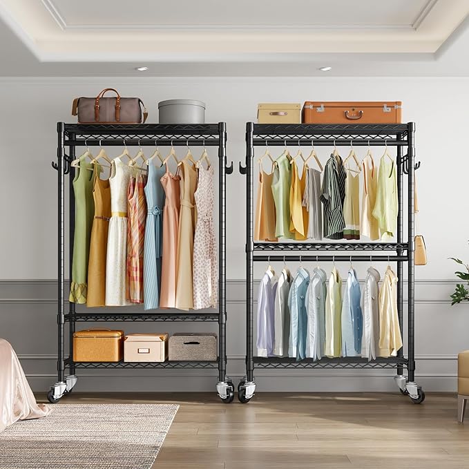 VIPEK R2 Clothes Rack Heavy Duty Clothing Rack for Hanging Clothes, Rolling Garment Rack Adjustable Closet Racks with Double Rods & Hooks, Freestanding Wardrobe Closet Coat Storage Racks, Black