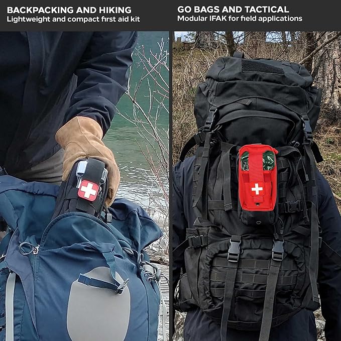 EPG Hiking First Aid Kit (IFAK) | 44 Piece | Compact Personal First Aid Kit | Backpacking, Camping, Emergency, Travel, Tactical, Go Bag, Bug Out Bag, 72 Hour Kit, Essentials, EDC, Survival IFAK - Red