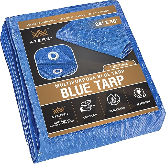 ATERET Multi-Purpose Blue Tarp Cover I Waterproof, 5-Mil Thick Plastic Poly with Grommets Eyes for Secured Tie Down I Great Idea Use for Roof, Camping, Patio, Canopy, Boat, Tent & Camping (24' x 36')