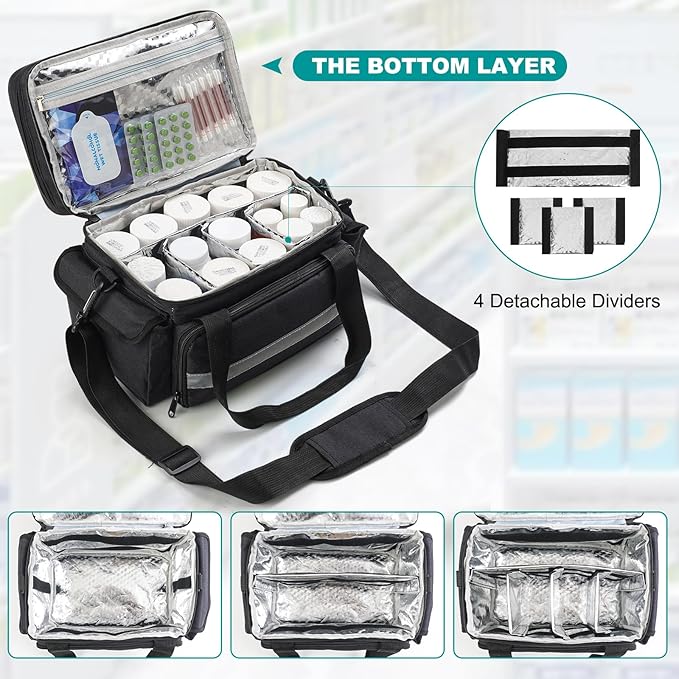 Medicine Organizer with Adjustable Divider, Double-Layer Medicine Bottle organizer Storage, Portable Home Health First Aid Bag, Medicine Organizer Box for Emergency Medications (Bag Only)