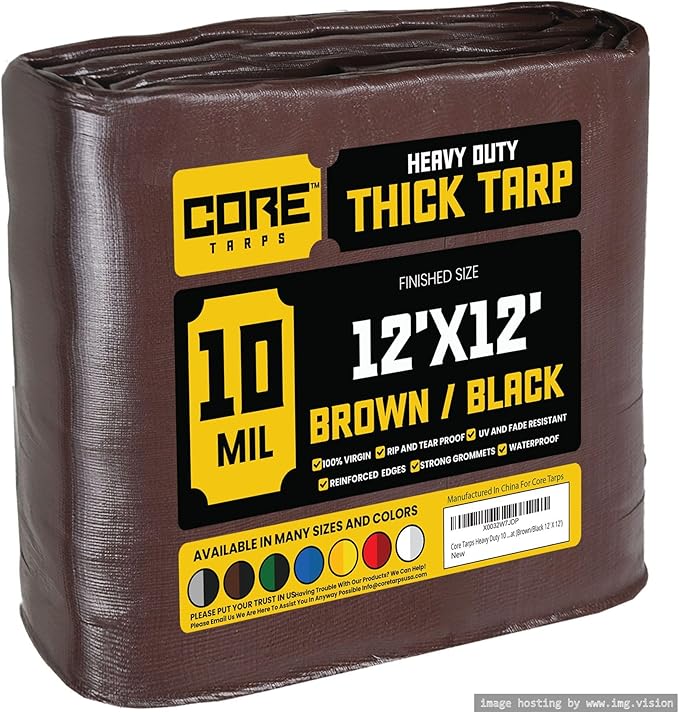 Core Tarps Heavy Duty 10 Mil Tarp Cover, Waterproof, UV Resistant, Rip and Tear Proof, Poly Tarpaulin with Reinforced Edges for Roof, Camping, Patio, Pool, Boat (Brown/Black 12′ X 12′)