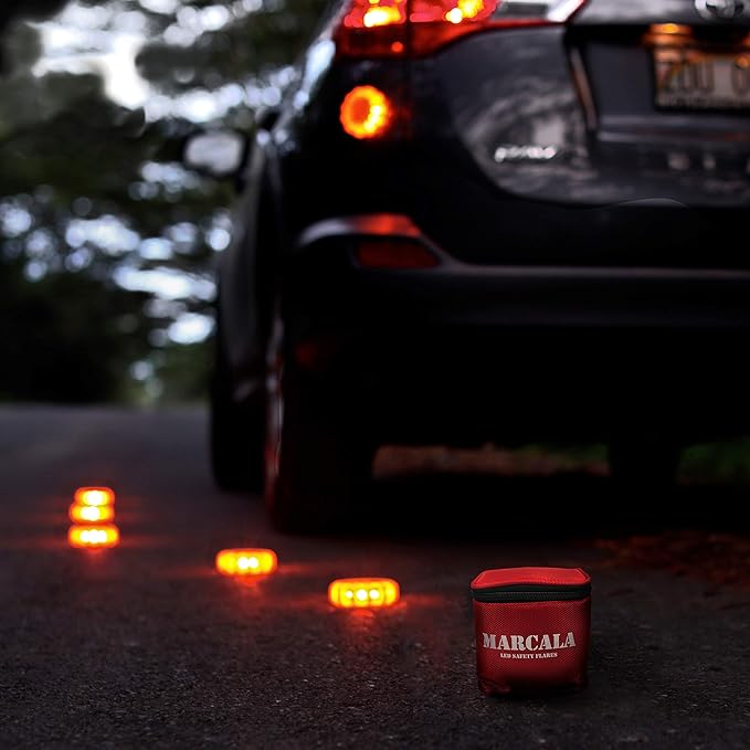 Marcala 3-Pack Emergency Lights for Vehicles | DOT Compliant Emergency Flares for Car with Batteries, Whistle & Case | LED Road Flares | Emergency Roadside Lights | Drive and Feel Safer on the Road!