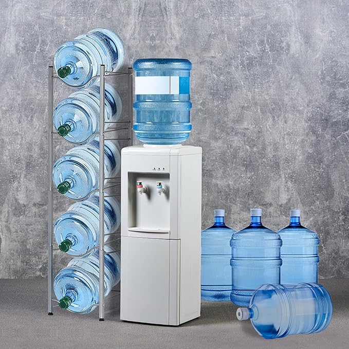LIANTRAL 5 Gallon Water Jug Holder, 5 Tiers Silver Heavy Duty Water Rack Freestanding, Water Bottle Organizer for Home Office