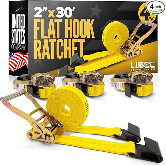 US Cargo Control Flat Hook Ratchet Straps 2 Inch X 30 Foot (4-Pack), 10,000 LBS Break Strength, Yellow Heavy Duty Ratchet Straps with Black Flat Hooks, Tie Downs for Flatbed Trailer