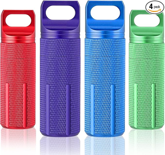 Patelai 4 Pcs Portable Keychain Pill Holder Pill Organizer Travel Waterproof Match Container Aluminum Airtight Keychain Container Travel Size Storage Supplements Holder for Outdoor Camping(Vibrant)