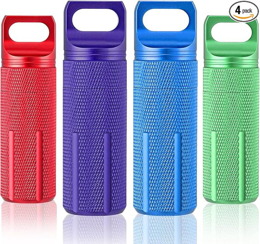 Patelai 4 Pcs Portable Keychain Pill Holder Pill Organizer Travel Waterproof Match Container Aluminum Airtight Keychain Container Travel Size Storage Supplements Holder for Outdoor Camping(Vibrant)