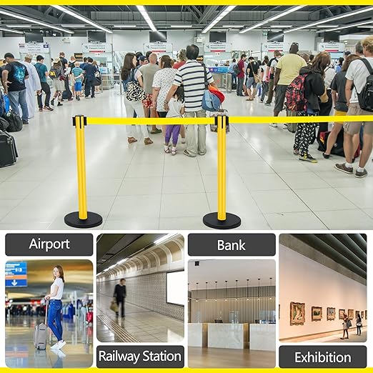 Therwen 12 Pack Therwen Heavy Duty Crowd Control Stanchions 9.8 ft Stainless Steel Stanchion Set with Safety Barrier Post Retractable Belt and Sign Holder Crowd Control Barrier(Yellow Belt, Yellow)