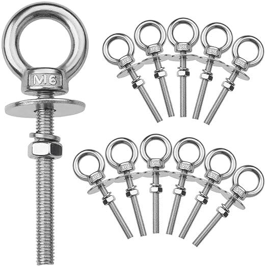 12 Pack M6 Stainless Steel Eye Bolts with Nuts, 1/4" x 2" Long Lifting Ring Eye Bolt， Eye Bolts Heavy Duty for Hang Tie Down Outdoor (12, M6x51mm (1/4"x2"))