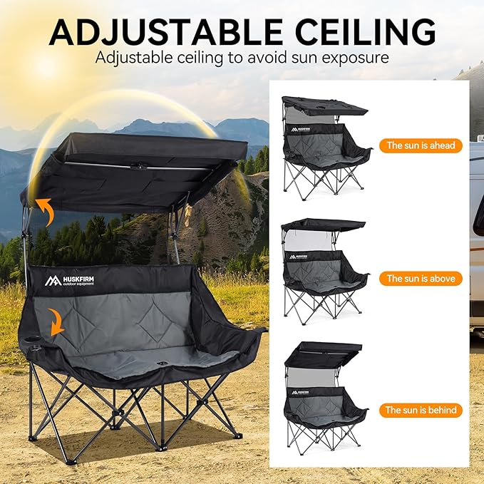 Double Camping Chair with Canopy Shade Folding Double Beach Chair with Adjustable Canopy Heavy Duty Loveseat Camping Chair with Two Cup Holders and Carry Bag for Outside, Beach Fishing Sports