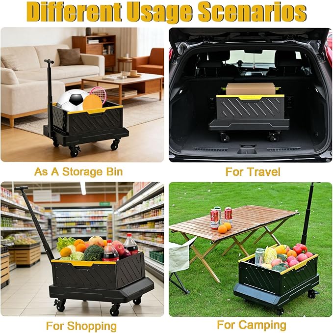 2-in-1 Foldable Hand Truck 132 Ibs Capacity, Portable Folding Cart with Telescoping Handle, Moving Dolly Cart with 4 Silent Wheels for Moving on Supermarket, Outdoors, Warehouse and Apartment