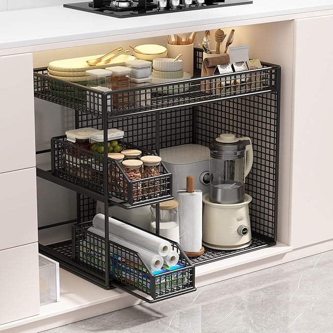Mobile Storage Rack, Wide Opening Kitchen Storage Cart Rolling Utility Cart with 360 Rotating Wheels & Pull Out Baskets Kitchen Organizer for Bowls, Dishes, Utensils (Black)