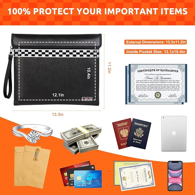 6200°F Fireproof Document Bag with Fireproof Zipper, Fireproof Bag with Reflective Strip, 9 Layers of Heat Insulated Materials, Fireproof Money Bag for Cash, 13"x11" Fireproof Pouch with Hand Strap