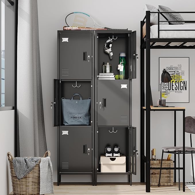 Metal Locker with Hooks and Ventilation Holes,Metal Storage Locker with Keys and Business Card Slot for Home,Gym,Garage,School,Office,66" H×15.75" W× 15.75" D,Assembly Required,Black