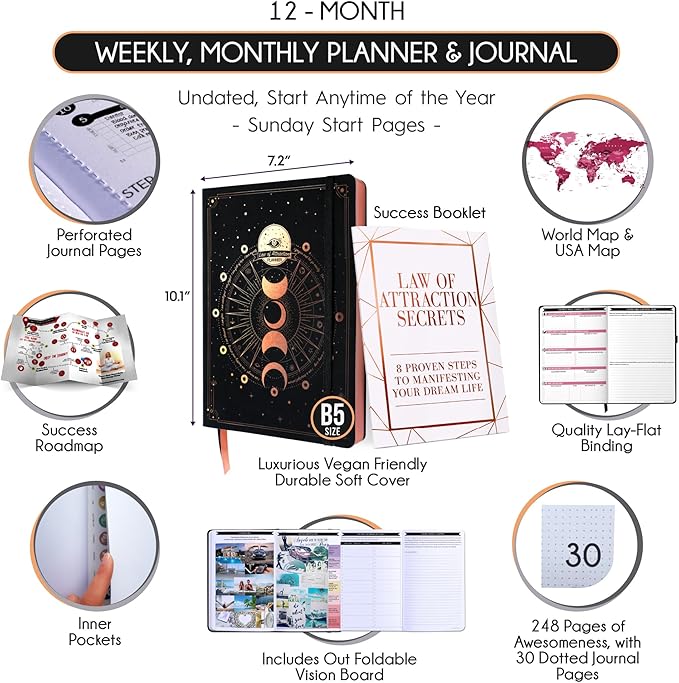 Law of Attraction Planner – Undated Hourly, Weekly & Monthly Goal Setting Planner, 12-Month to Increase Productivity | Life & Gratitude Journal, Include Foldable Vision Board, Gift Box & Stickers