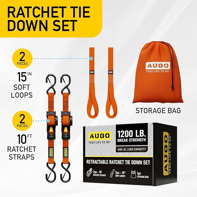 AUGO Retractable Ratchet Straps | 2 Heavy Duty Ratchet Straps Self Retractable Tie Downs with Soft Loops & Storage Bag for Motorcycle, Truck, Trailer, Cargo Van | 1200 Lb Break Strength 1” x 10’