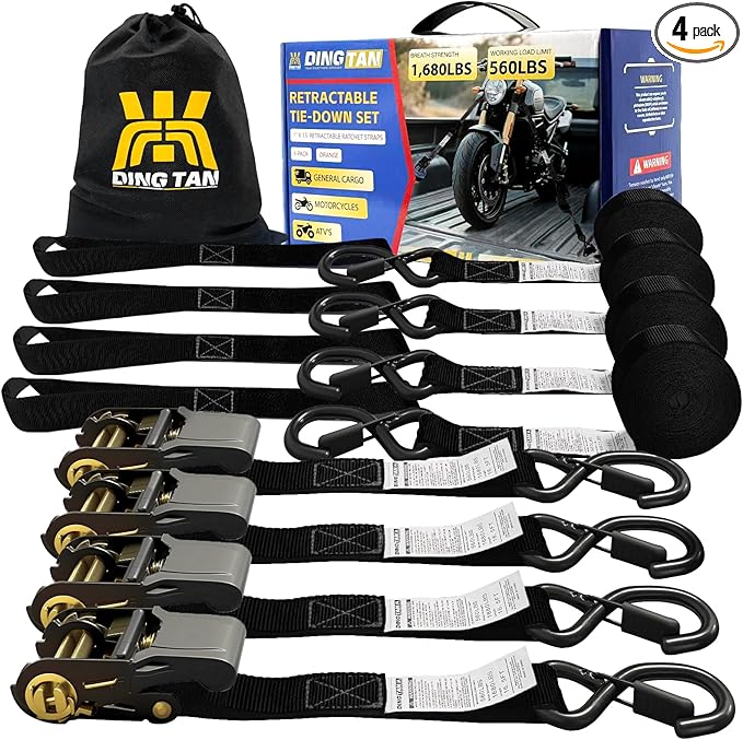Ratchet Straps Tie Downs (4-Pack) - 1''x 15' (1,680lb Break Strength) - Ultimate Tie Down Straps with Safety S Hooks-for Trucks, Cargo, Moving, Appliances etc. (Black)