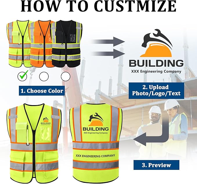 Custom Safety Vest with Logo, High Visibility Reflective Personalized Vest with Pockets and Zipper for Men Women Work
