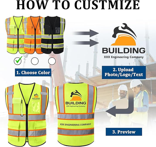 Custom Safety Vest with Logo, High Visibility Reflective Personalized Vest with Pockets and Zipper for Men Women Work