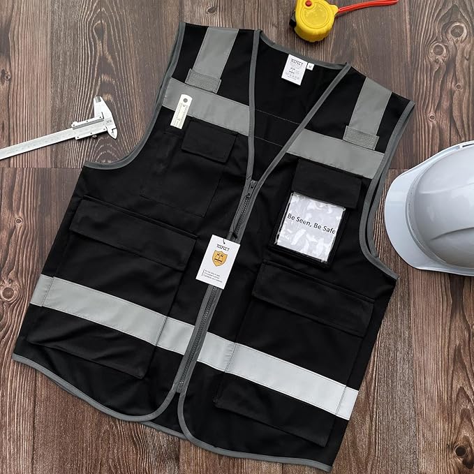 TCCFCCT Hi Vis 5 Pocket High Visibility Safety Work Vest for Men Women, Reflective Construction Vest with High Reflective Strips, Durable and Fashion, Meets ANSI/ISEA Standards, Black, M